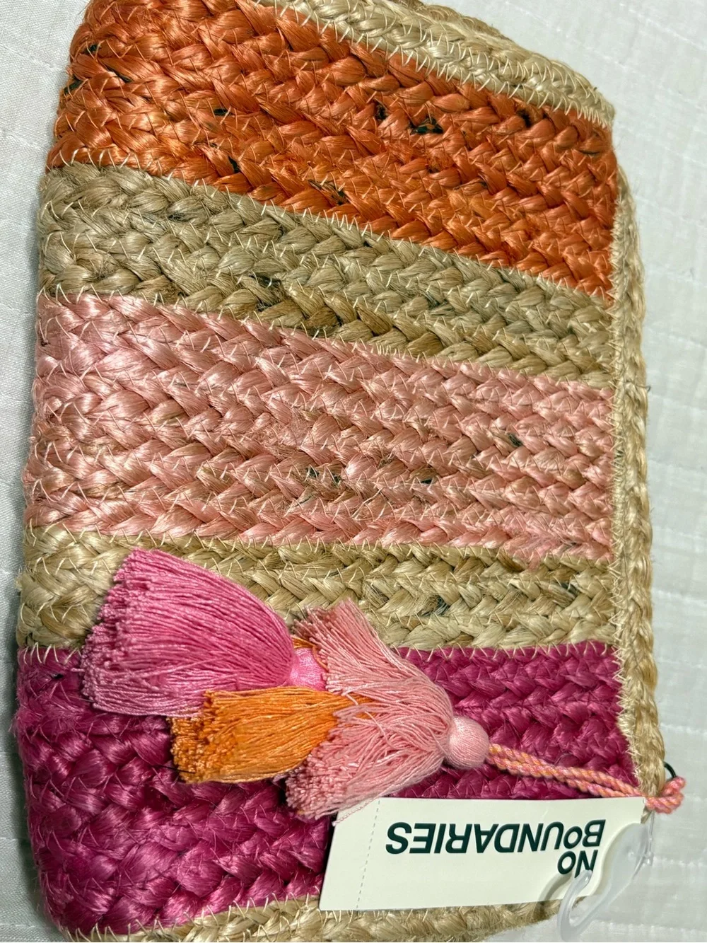 No Boundaries Pink, Peach & Orange Woven Cosmetic Pouch with Tassel